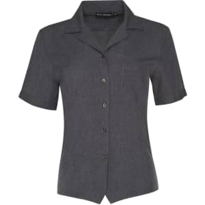 Women's short sleeve overblouse in dark grey with a collar, featuring a button-down front and a chest pocket.