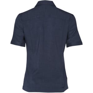 A navy short sleeve overblouse with a structured collar and a plain back design, featuring a branding logo.