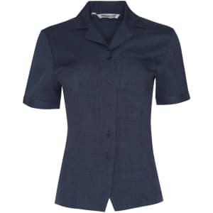 A navy short sleeve overblouse with a button-up front and a collar, featuring a logo.