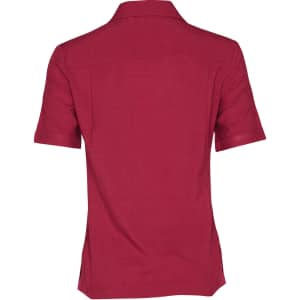 A red short sleeve overblouse with a collared neckline and a textured fabric. It features a logo on the back.