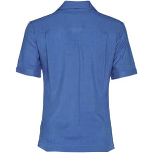 A blue short sleeve overblouse with a collar and a logo on the back. Suitable for uniforms or tunics.