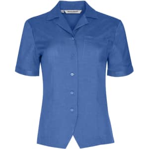 A blue short sleeve overblouse with a collar and a single chest pocket, featuring buttons down the front and a logo.