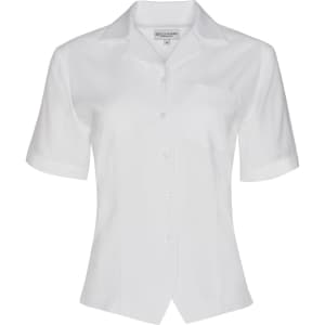 A white women's short sleeve overblouse with a button front and a pocket, featuring a logo.