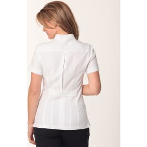 A short sleeve tunic in white, featuring a full zip front and a tailored back design. Includes a logo.