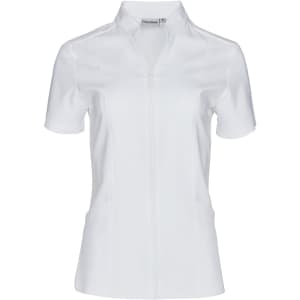 A white short sleeve tunic with a full zip front, featuring a fitted design and a logo.