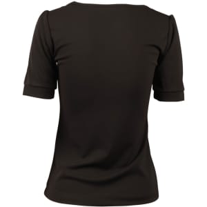 A black women's scoop neck T-shirt with short sleeves, featuring a plain back design.