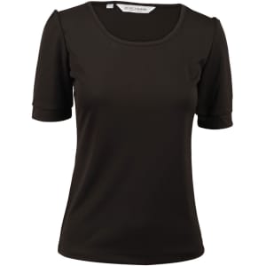 A women's black scoop neck T-shirt with short sleeves and a slight gathering at the sleeves. It features a logo.