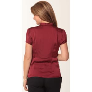 A women's tie neck blouse in burgundy with short sleeves, featuring a smooth, shiny fabric and a back view.