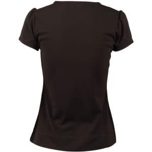 A black women's blouse with ruffle front detail and short sleeves, featuring a fitted silhouette from the back.