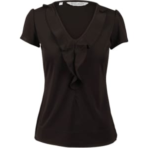 A black women's blouse featuring a ruffled front and a V-neckline. The shirt has short sleeves and a fitted silhouette.