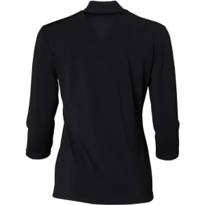 A black mid sleeve knit top with a collar and a smooth back design, featuring a brand logo.