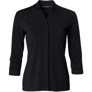 A black mid sleeve knit top with a wrap-style front and a subtle collar, featuring a logo at the neck.