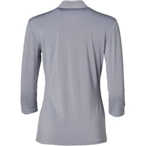 A grey mid sleeve knit top with a collared neckline, featuring a logo on the back.