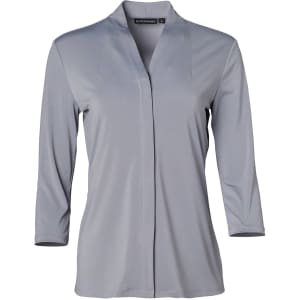 A grey mid sleeve knit top with a V-neck and a branding logo. Suitable for various casual occasions.