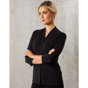 A black mid sleeve shawline knit top featuring a simple design and a logo. Suitable for casual or formal settings.