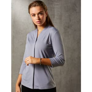 A mid-sleeve knit top in light grey, featuring a stylish front zip and a fitted design. It has a logo.