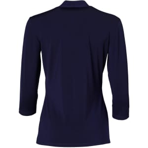 A navy blue mid-sleeve knit top featuring a shawl collar and a logo on the back.