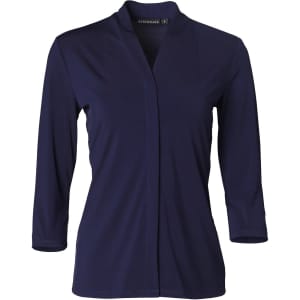 A navy mid sleeve knit top with a collar, featuring a simple design and a logo on the label.