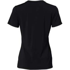 A black ladies’ V-neck short sleeve knit top, featuring a simple design and a logo on the back.