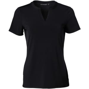 A black Ladies' V-neck with Tab S/S Knit Top featuring short sleeves and a subtle logo.