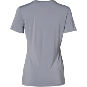 A light grey ladies' V-neck short sleeve knit shirt featuring a simple, sleek design and a logo.
