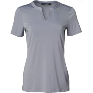 A grey ladies' V-neck short-sleeve knit top with a tab detail and a logo at the neck.