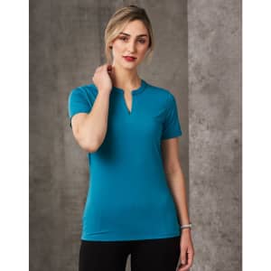 A fitted turquoise ladies' V-neck short-sleeve knit top with a tab design. The model poses against a textured background.
