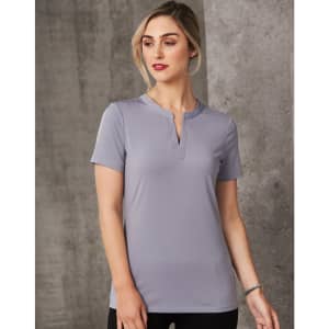 A grey ladies' V-neck short-sleeve knit top with a tab detail and logo.
