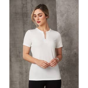 A white ladies' V-neck short sleeve knit top with a tab collar, featuring a fitted design and a subtle logo.
