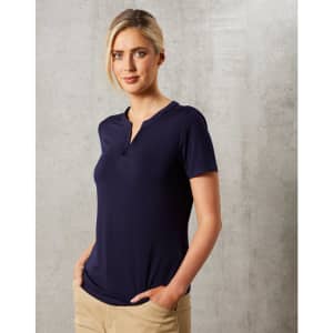A navy short-sleeved V-neck knit top for ladies with a tab collar design and a logo.