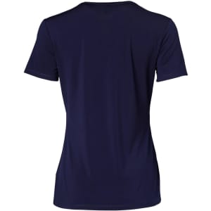 A navy blue ladies' V-neck short sleeve knit top with a smooth finish and a logo.