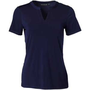 A navy blue ladies' V-neck short sleeve knit top with a tab detail and a logo.
