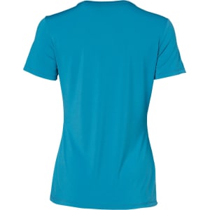 A turquoise ladies' V-neck short-sleeve knit top with a smooth finish and a brand logo.
