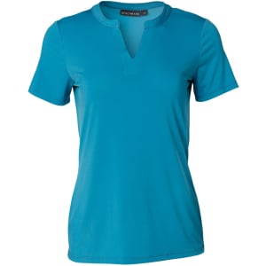 A short-sleeved, teal women's V-neck top featuring a tab design and a logo.