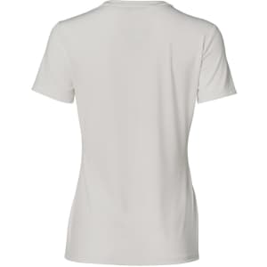 A light grey ladies' V-neck short sleeve knit top with a smooth finish and a logo on the back.