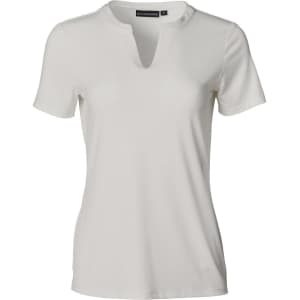 A ladies' V-neck short sleeve knit top in a soft off-white colour, featuring a tab detail at the neckline and a logo.