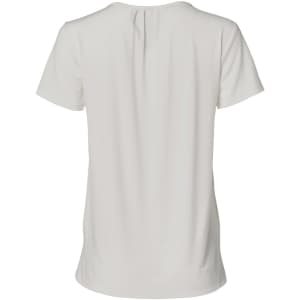 A ladies' short sleeve knit top in white, featuring pleats at the back and a round neck design. It includes a logo.