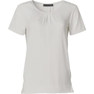 A light cream ladies' round neck short sleeve knit top with pleats, featuring a logo on the neckline.