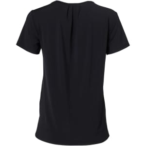 A black round neck short-sleeve knit top featuring pleats at the back and a logo.
