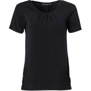A black short-sleeved knit top with pleats and a round neck, featuring a logo on the tag.