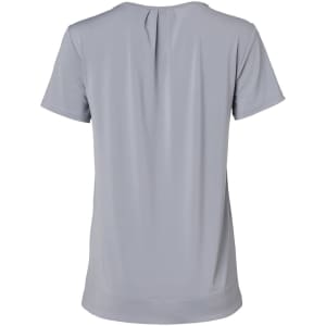 A light grey ladies' round neck short-sleeve knit top featuring pleats at the back. Includes branding.