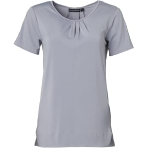 A light grey ladies' round neck short-sleeve knit top with pleats, featuring a logo on the label.