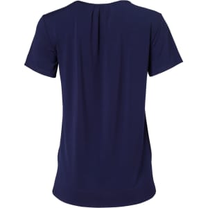 A navy blue ladies' short-sleeve top with pleats at the back and a round neckline, featuring a logo.