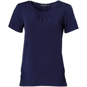 A navy ladies' round neck knit top featuring pleats and short sleeves, with a logo on the neckline.