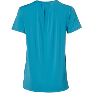 A teal ladies' round neck knit top with pleats at the back, featuring short sleeves and a relaxed fit.
