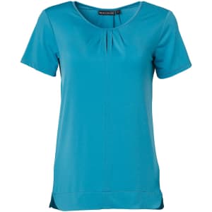 A teal ladies' round neck short-sleeve knit top featuring pleats and a branding label.