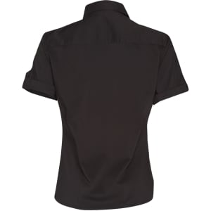 A black women's short sleeve military-style shirt with rolled sleeves and a collar. Features a logo on the arm.