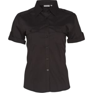A women's short sleeve military shirt in black, featuring button-up front and two chest pockets. It has a logo.