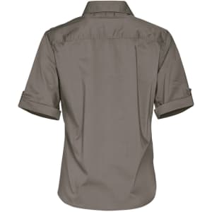 A women's short sleeve military shirt in olive green with rolled-up sleeves and a back view. Features a logo.
