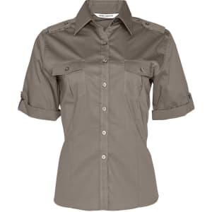 A women's short sleeve military shirt in a muted green colour, featuring button-up front and pockets, with a logo.